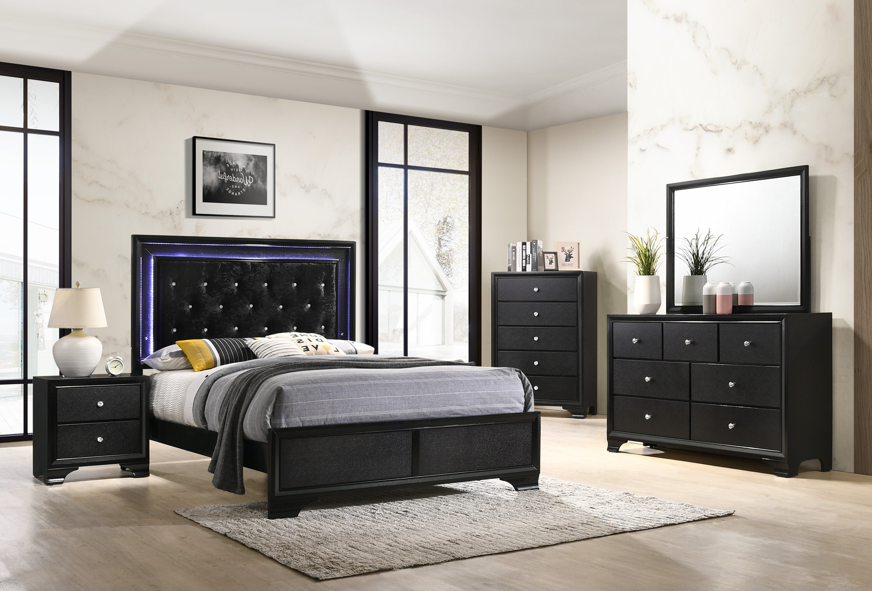 House of Hampton® Elfrun Black LED Upholstered Panel Bedroom